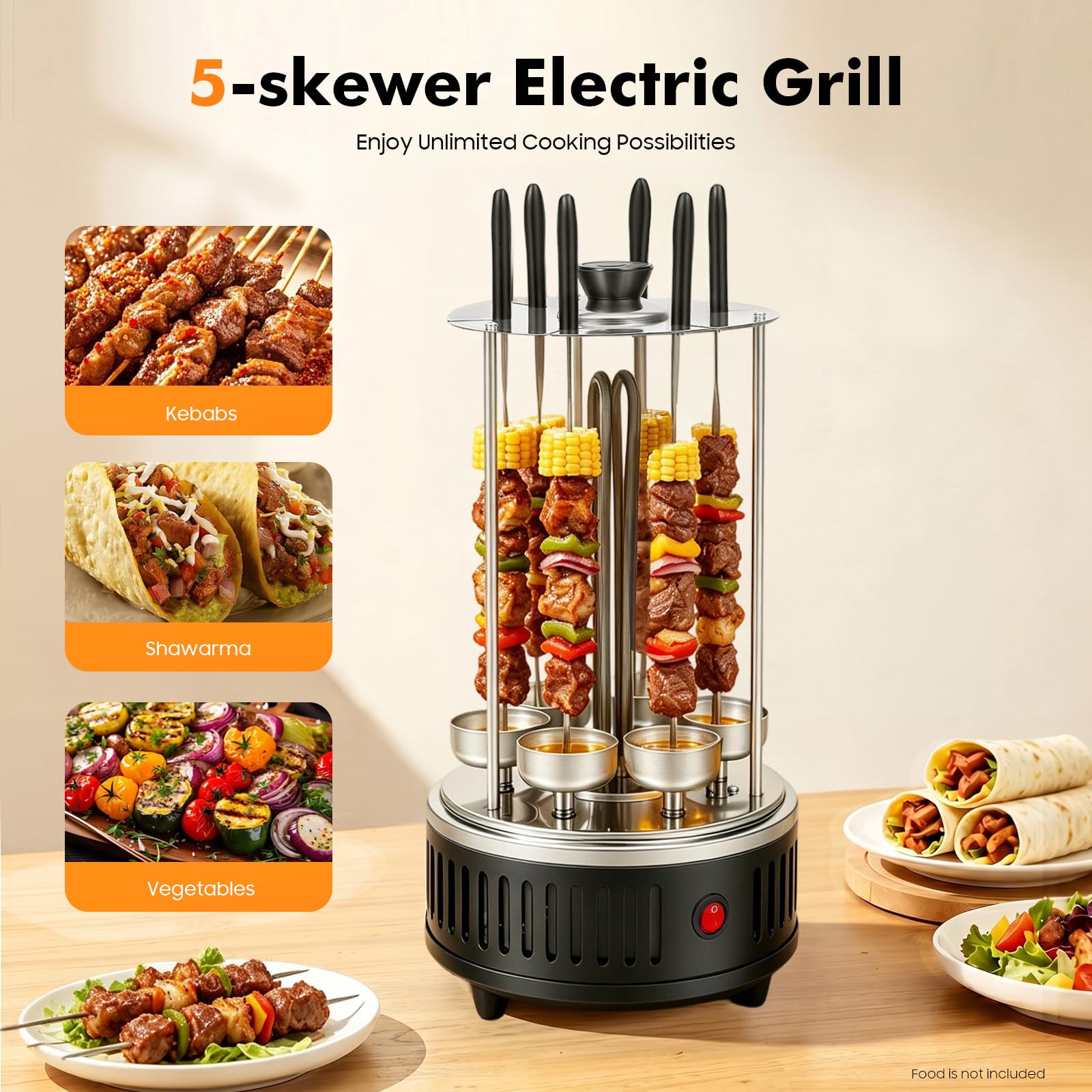 Griglia elettrica verticale da 1000 W, per shish kebab BBQ con 5 spiedini, per casa e picnic