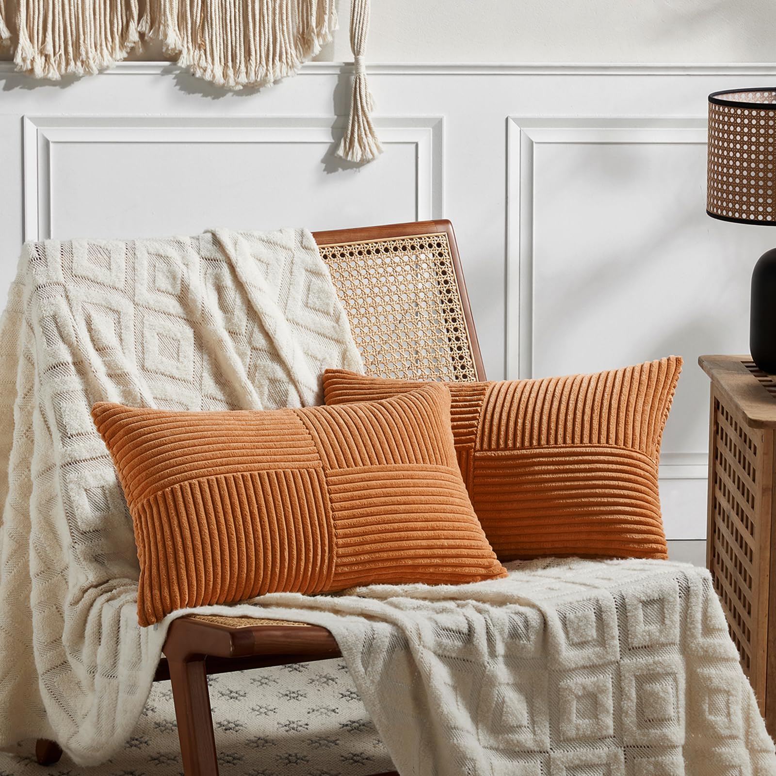 Fancy Homi 2 Packs Orange Lumbar Decorative Throw Pillow Covers 16x28 Inch for Living Room Couch Bed Sofa, Farmhouse Boho Home Decor, Soft Striped Corduroy Rectangle Accent Cushion Case 40x70 cm