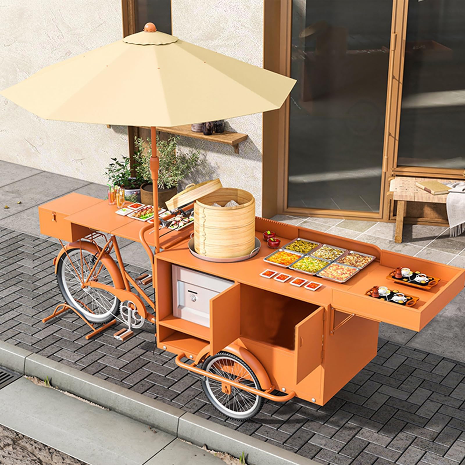 Tricycle Utilitaire Commercial avec Parasol pour la Vente ambulante, Food Trucks, événements en Plein air, Cuisine Mobile, Stand de Restauration, remorque Alimentaire
