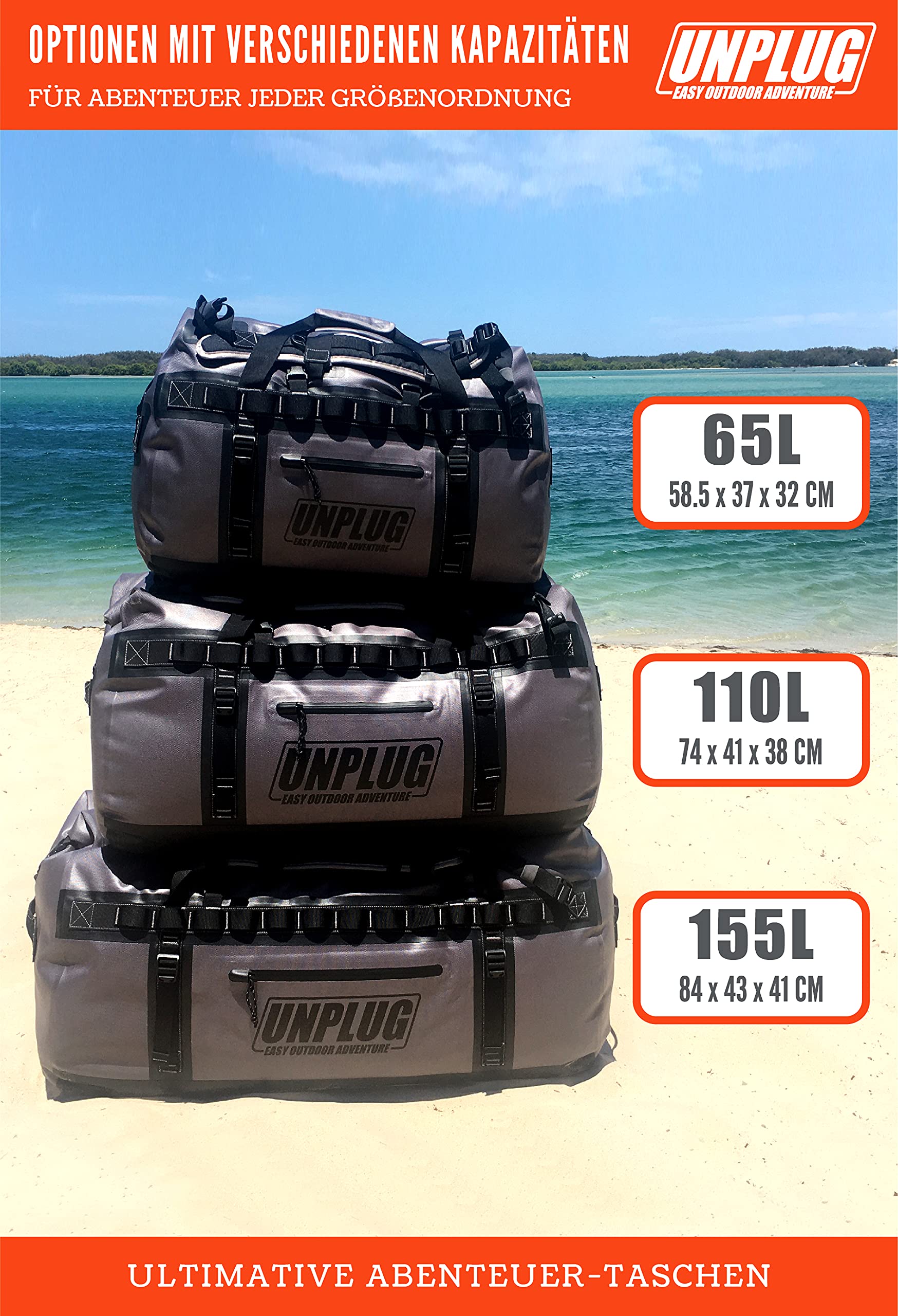 Unplug Ultimate Adventure Bag | 1680D strapazierfähige wasserdichte Seesack | wasserdichte Seesack für Camping, Motorrad, Trockentasche, Jagdtasche, Abenteuer-Sporttasche, wasserdichte Tasche