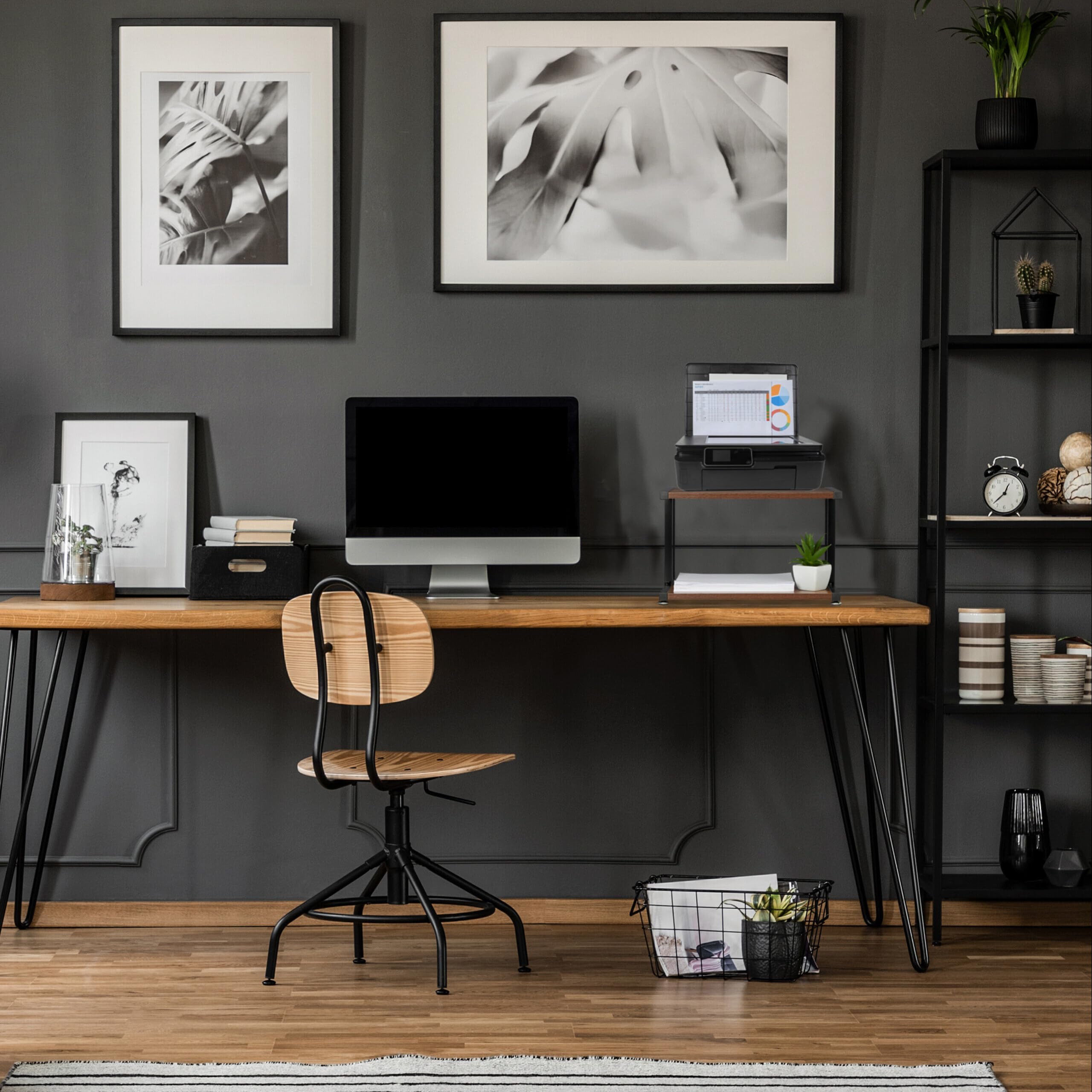 Relaxdays Support d'imprimante, Organiseur de Bureau, H x L x P : 28 x 44 x 28 cm, Design Industriel, Marron foncé/Noir