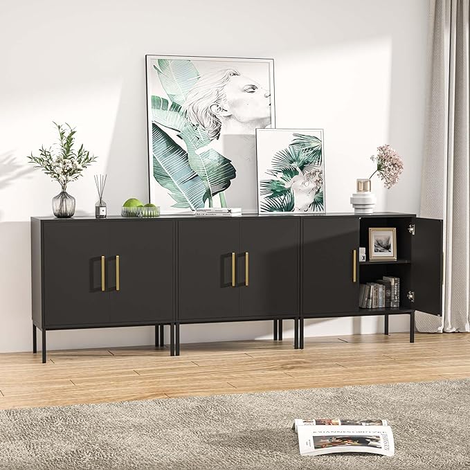 LYNSOM Storage Cabinet with Doors, Set of 3, Modern Buffet Cabinet with Storage, Kitchen Sideboard Buffet, Black Wood Accent Cabinet for Living Room, Bedroom, Hallway, Entryway, Office, Black