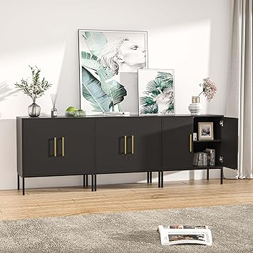 LYNSOM Storage Cabinet with Doors, Set of 3, Modern Buffet Cabinet with Storage, Kitchen Sideboard Buffet, Black Wood Accent Cabinet for Living Room, Bedroom, Hallway, Entryway, Office, Black