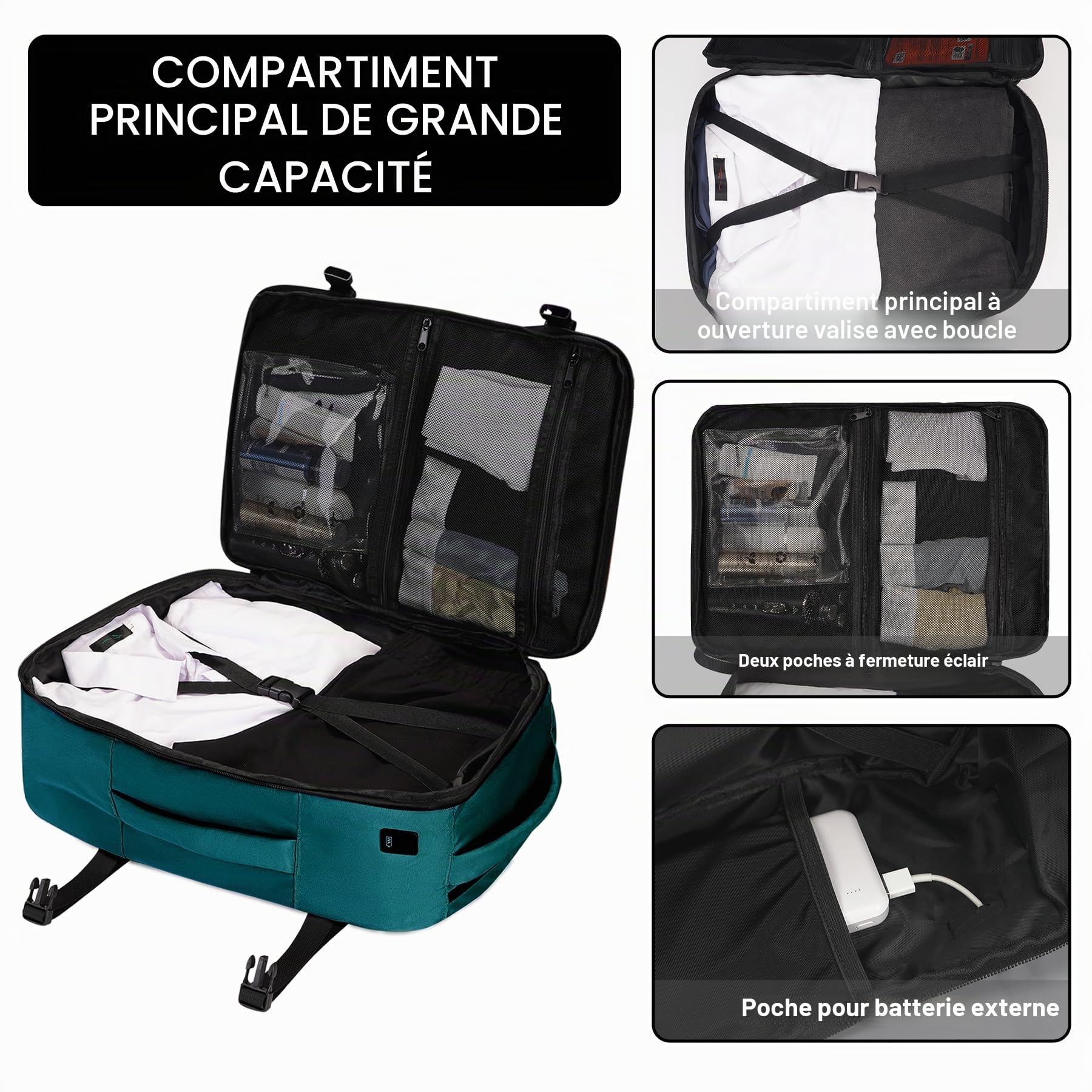 ECOHUB Bagage Cabine 45x36x20 Easyjet, 30L Sac a Dos de Voyage Cabine Avion Imperméable, Bagage a Main Sous Le Siège PET Recyclé, Valise Cabine Easyjet Homme Femme, Brevet en Cours, Bleu vert