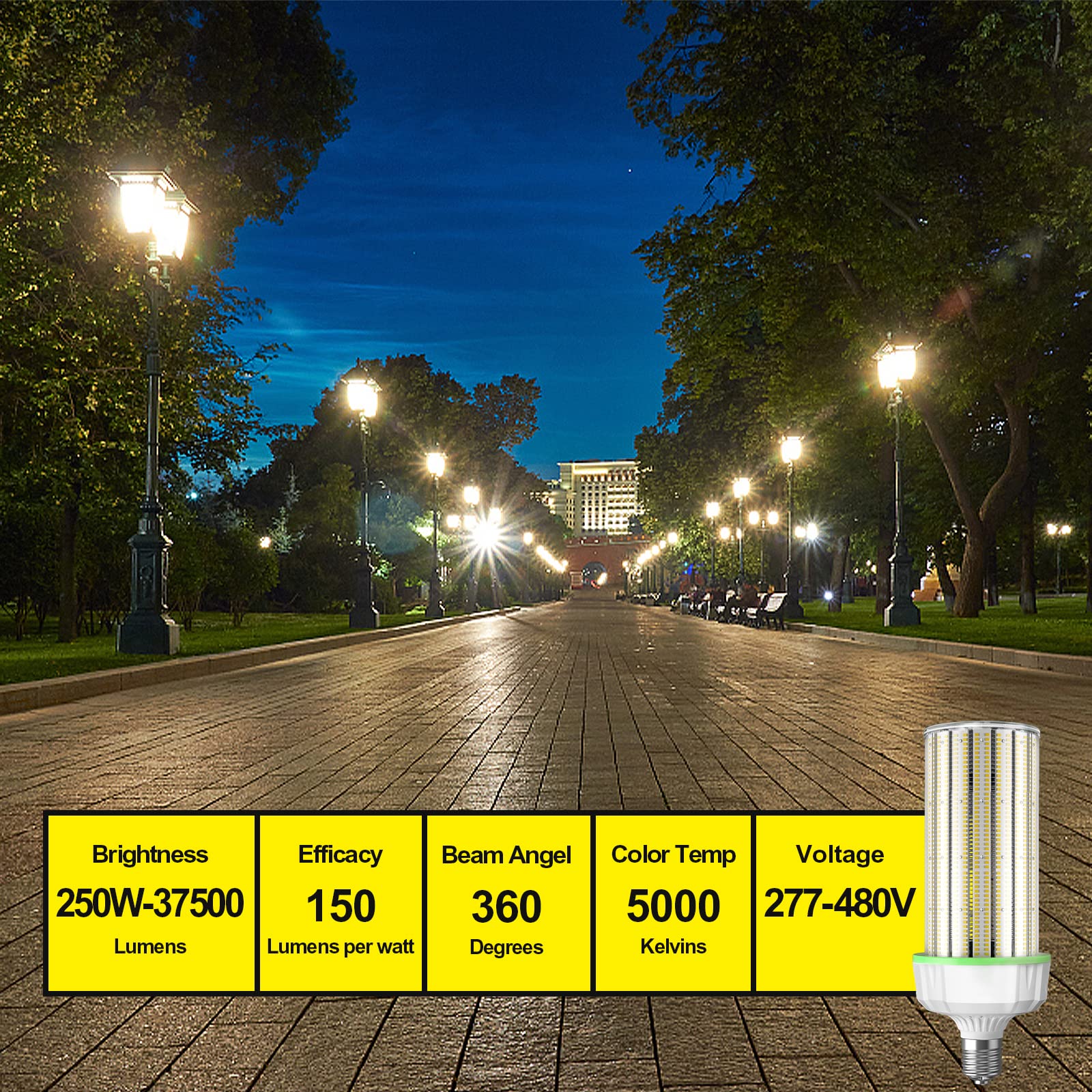 12 Pack 480V 250W LED Corn Light Bulb ETL Listed 37500 Lumens 5000K Large Area Cool Daylight White — view 2