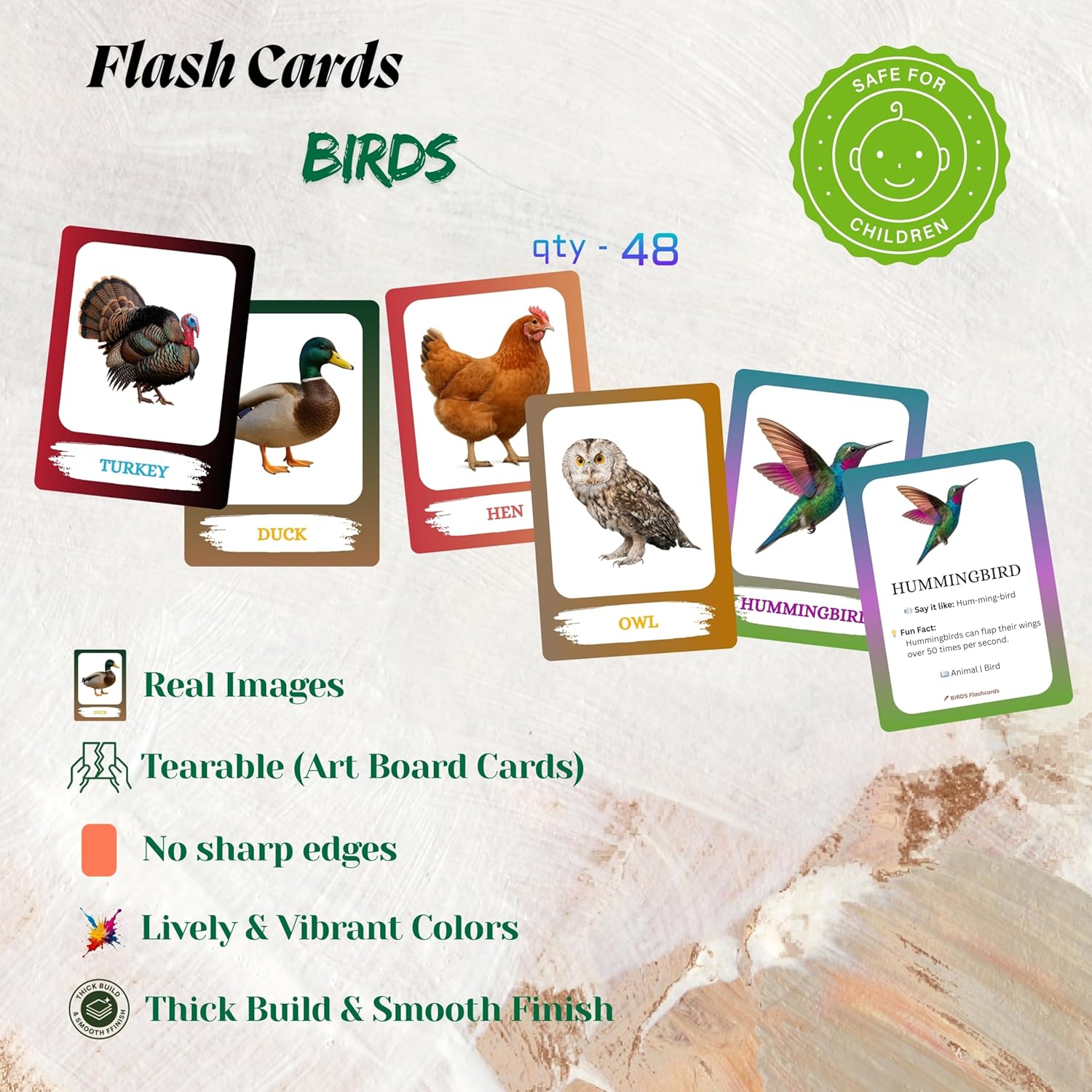Birds Flashcards – Art Board Learning Cards for Toddlers, Preschool & Kindergarten, Double-Sided Set
