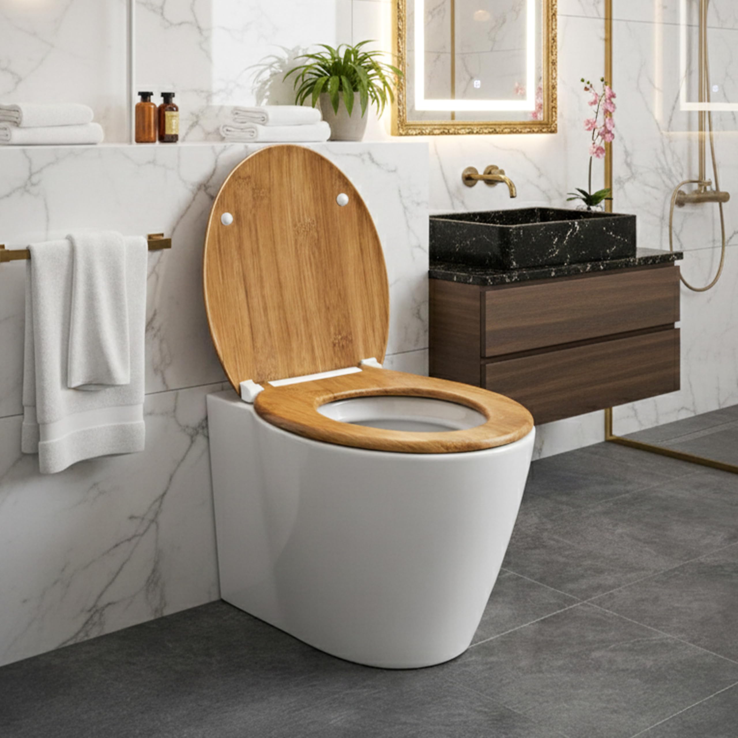 Casaria Asiento de Inodoro Bambú 45x37x4cm Duroplast 200kg Antibacteriano Tapa de Baño Toilette WC
