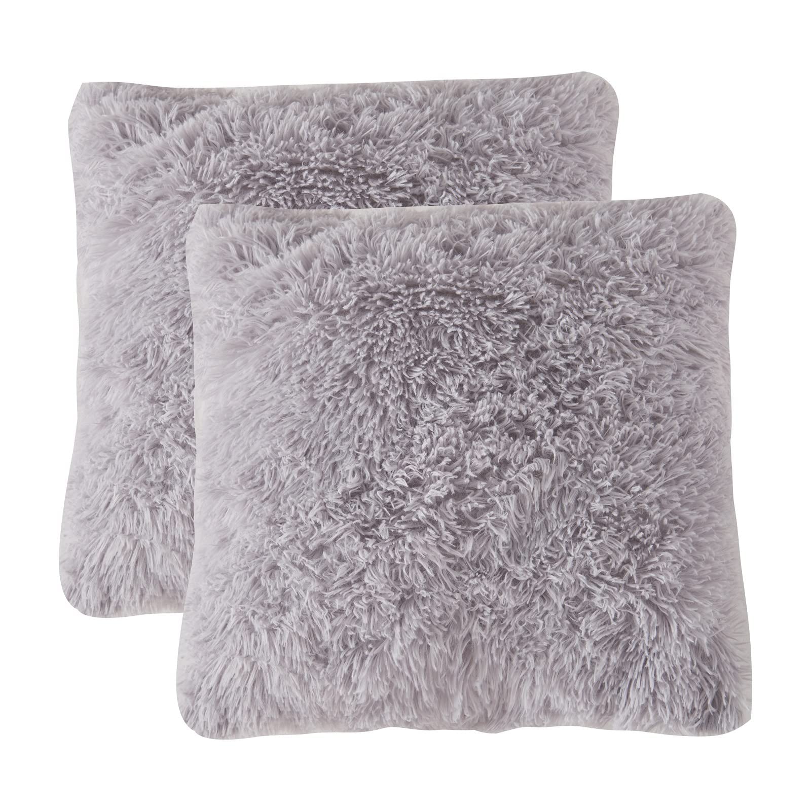 Pack of 2 Grey Faux Fur Throw Pillows with Insert for Living Room Couch, Sofa, Fluffy Shaggy Decorative Cushion Pillows for Bedroom Armchair, Soft Plush Long Hair Square Accent Pillows, 18" x 18"