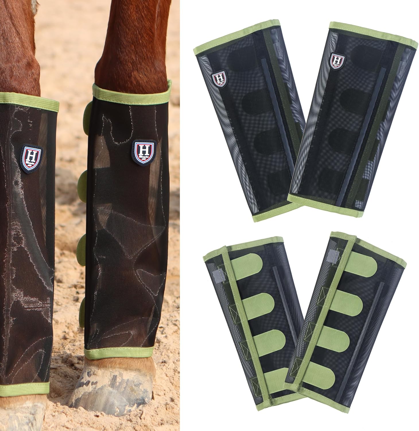 Harrison Howard Loose-Fitting Horse Fly Leggings Breathable, Tear-Resistant Fine Mesh Leg Guards Stay-on Comfortable Fly Boots (Set of 4) Light Olive Large