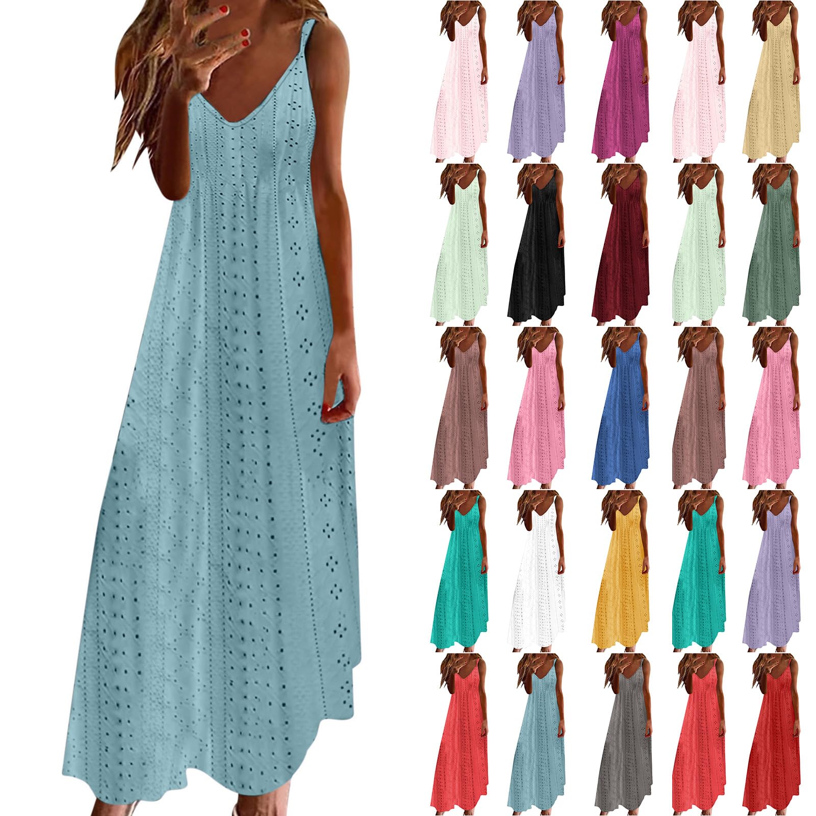 Aopir Women's 1#_Light Blue Maxi Dresses For Uk Sleeveless Summer Beach Shirt Dress Casual Boho Flowy Long Sundresses