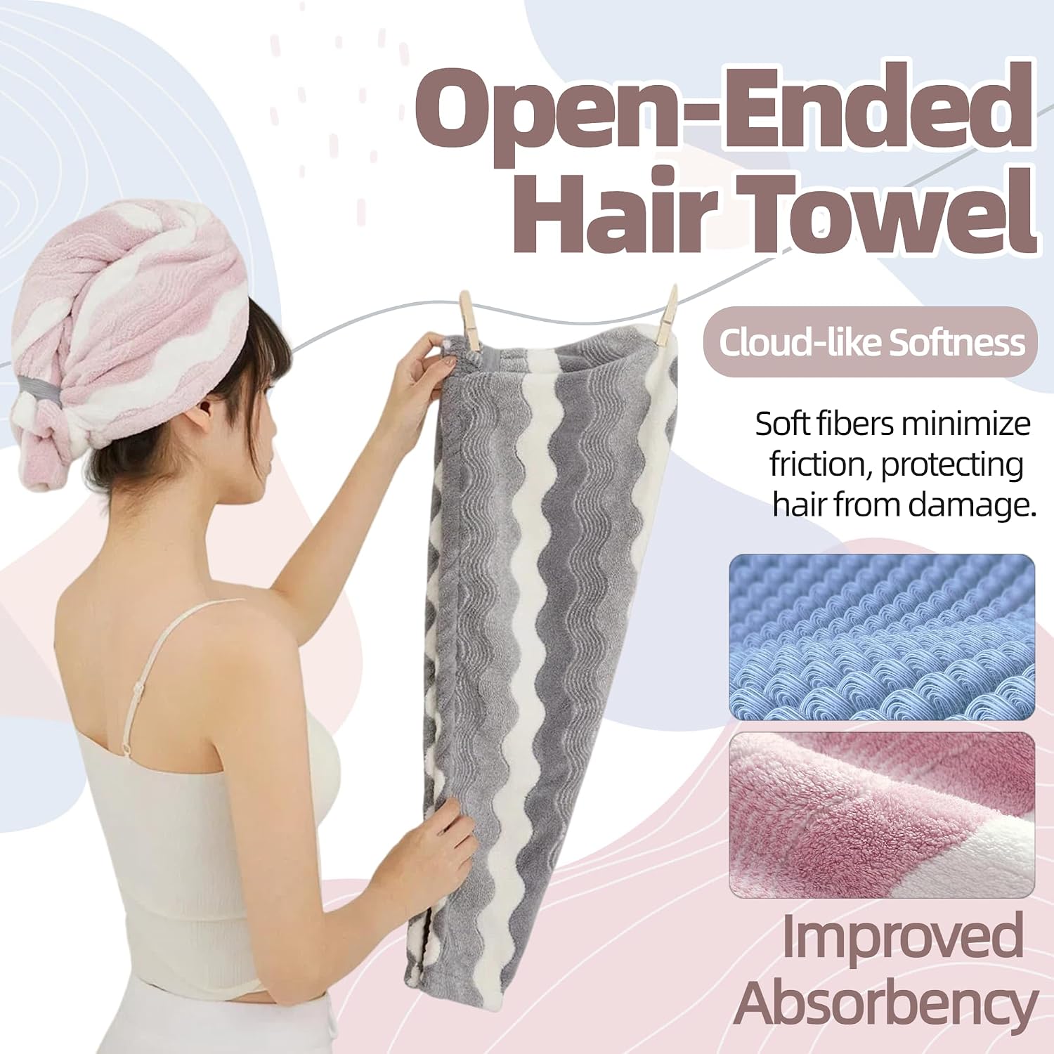3Pcs Long Hair Drying Towel Cap for Women Extra Thick Large Quick-Drying Hooded Wrap with Elastic Band No Lint & Fade-Proof (S-Shaped Wave)