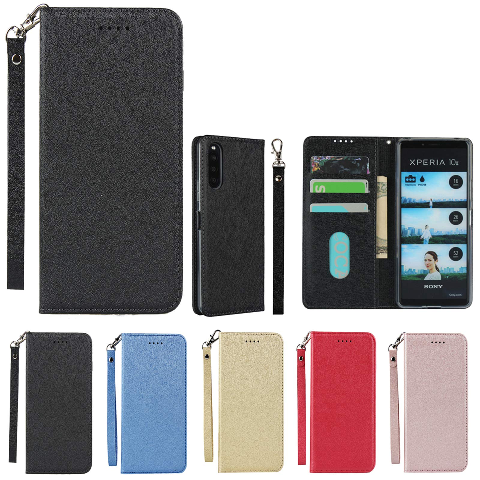 Eastwave for Sony Xperia10 II SO-41A ケース for xperia 10ii SOV43 ケース 手帳型 for xperia10 ii caseストラップ付き 高質PU皮革 明るい色 内蔵マグネット 携帯カバー カードポケット スタンド機能 ブラック
