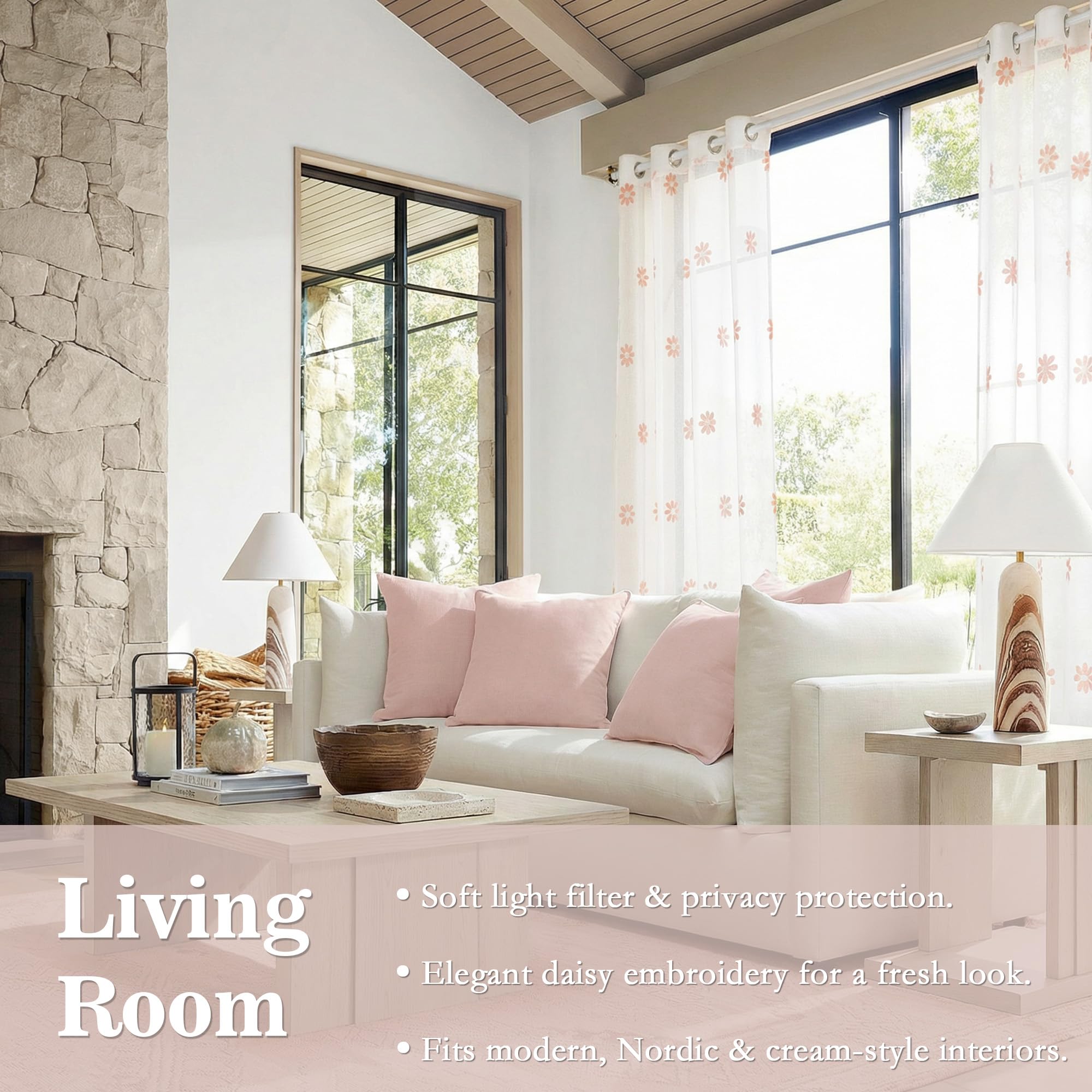 MYSKY HOME Rideaux avec œillets, rideaux pour salon, chambre à coucher, rideau court, lot de 2, rideau semi-transparent, pour chambre d'enfant, H 160 x l 140 cm, poudre de corail