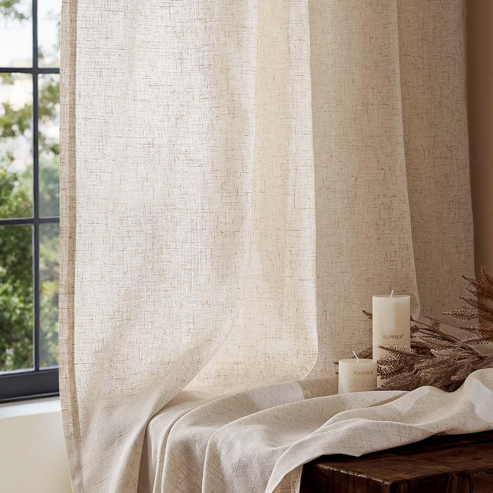 TOPICK Tendaggi con nastro arricciato in lino per soggiorno e camera da letto, tende semi-trasparenti per sistema a binario, stile country, tende con passanti nascosti, set da 2, 140x245 cm