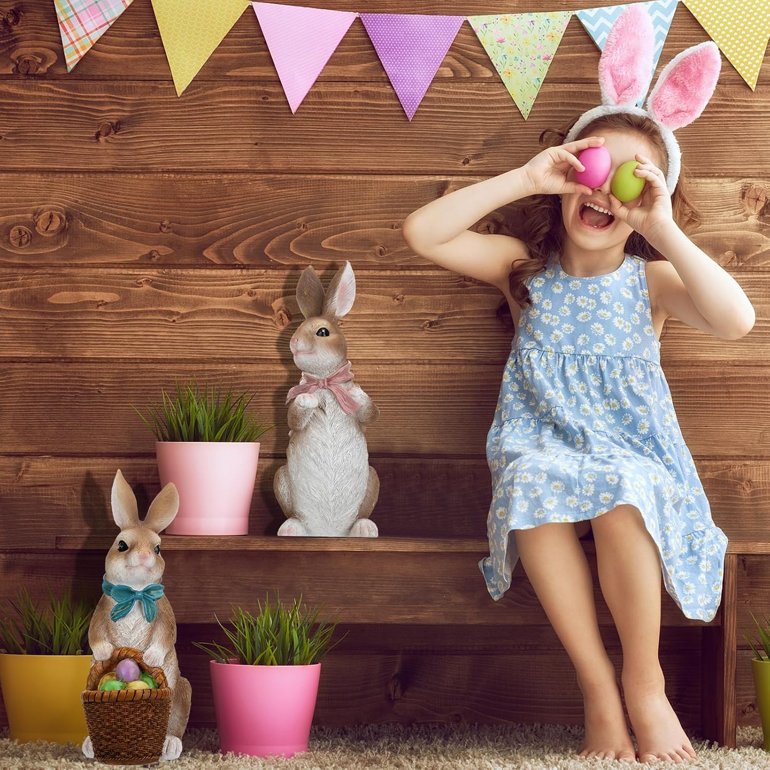 Wenqik 2 Pcs 12 Inch Large Easter Bunny Figurines Resin Rabbits Decor with Egg and Carrot Spring Easter Tabletop Centerpiece Ornaments for Indoor Outdoor Home Garden Farmhouse Decor(Brown) - Image 6