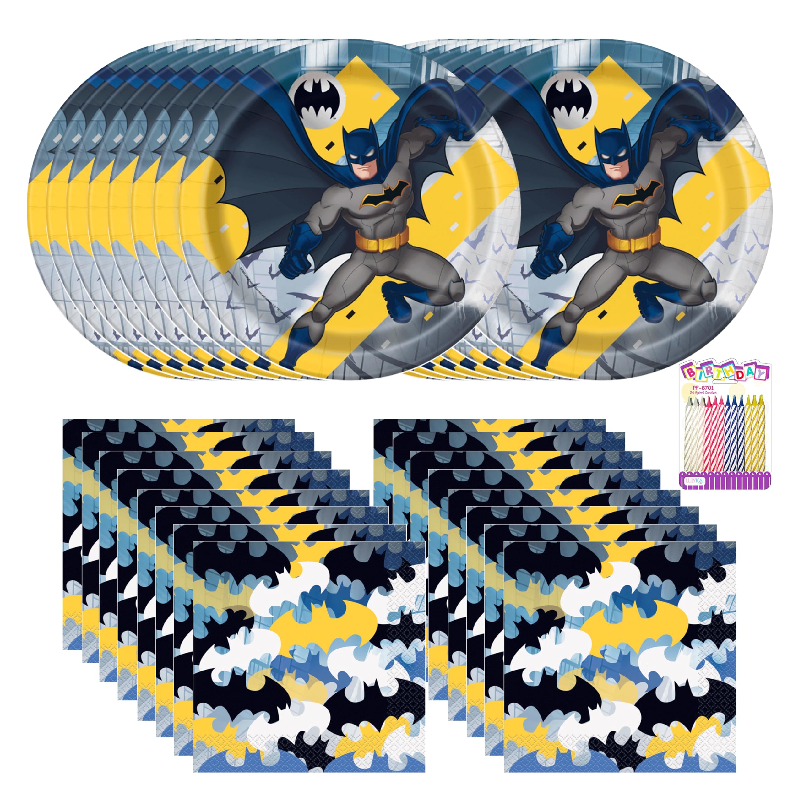 Fournitures fête Batman pour 16 invités assiettes et bougies de table