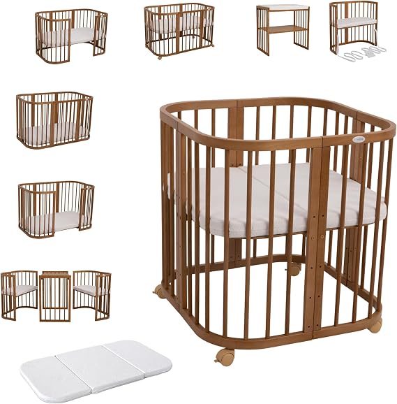 waldin Lit Bébé Évolutif 7-en-1 en Hêtre Massif avec Matelas et Roulettes