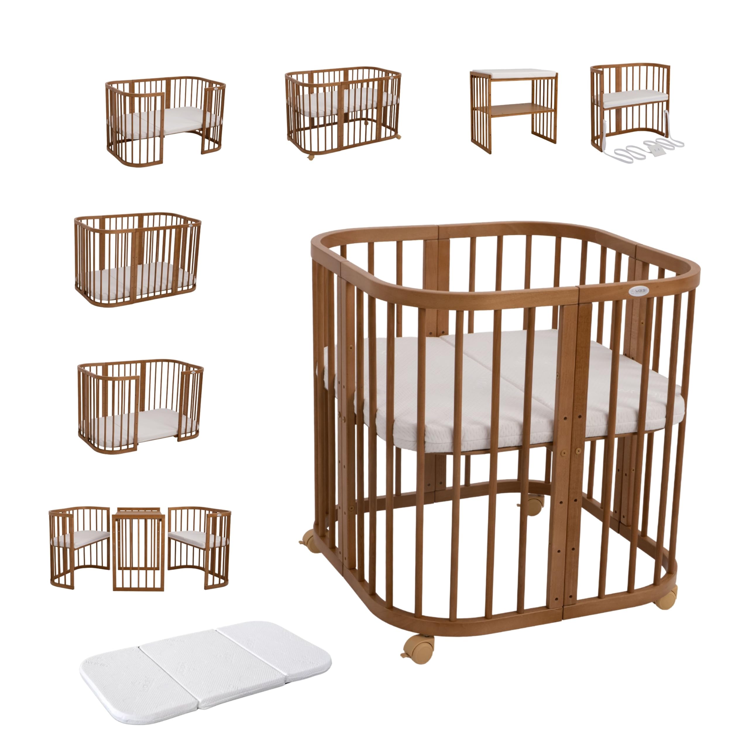 waldin Babybett 7in1, Matratze, Rollen, Regal, Vintage | Ohne Stoffset, Mitwachsend, Beistellbett aus Holz, Wiege optional