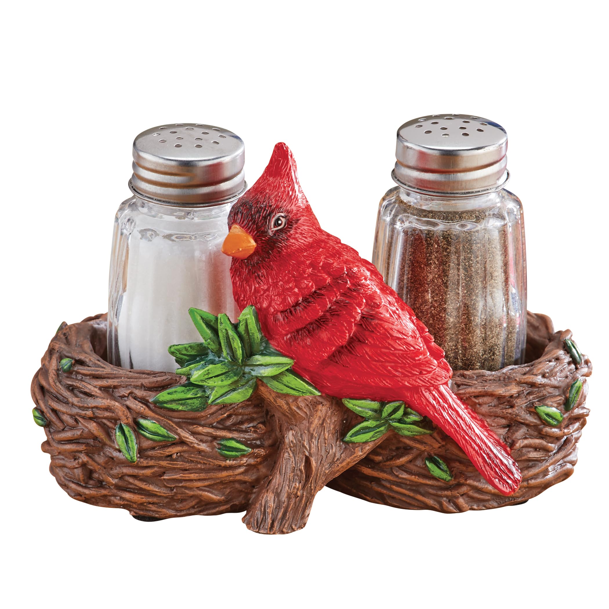 Collections Etc Hand-Painted Cardinal Nest Salt & Pepper Shaker 3-Piece Set