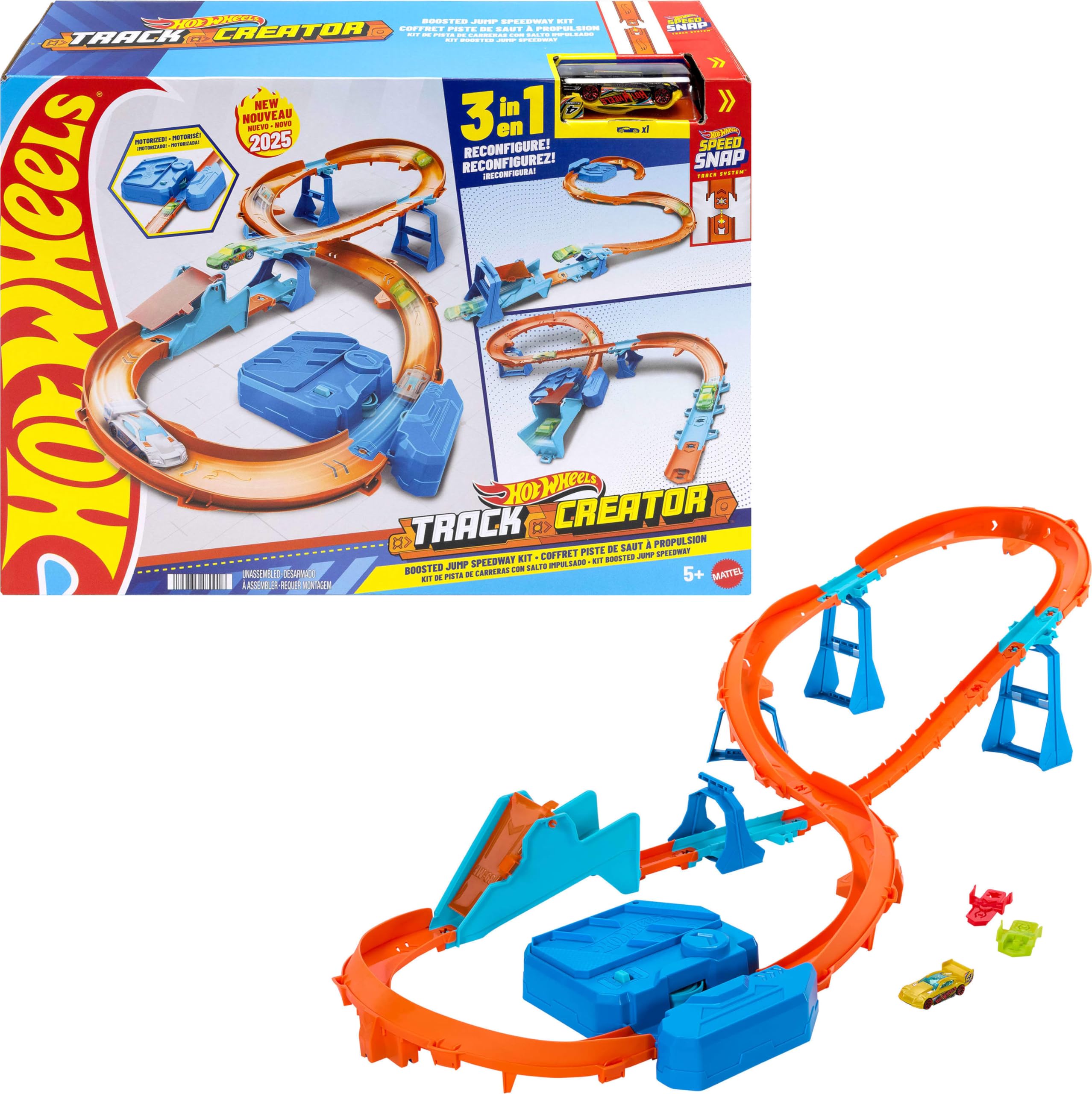 Hot Wheels Toy Car Track Set, Deluxe Building Box with Motorized Booster, 1:64 Scale Vehicle, Speed Snap Track, Boosted Jump Speedway, Multicolor, JDB49