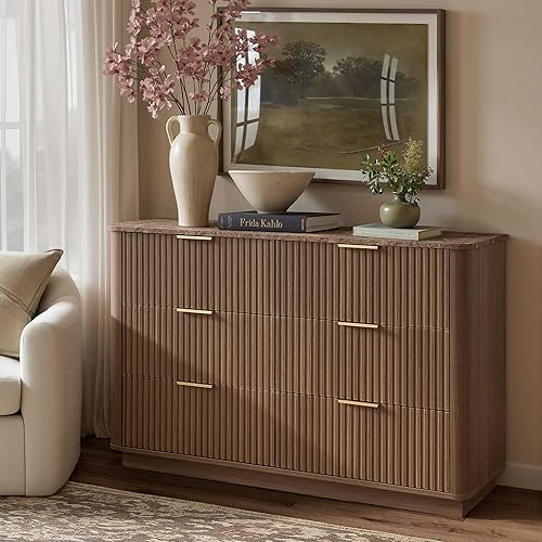 Miniatura 7 de win2win Cómoda de 6 cajones, cómoda moderna de mediados de siglo con almacenamiento, cómoda acanalada de 47 pulgadas de ancho con parte superior de