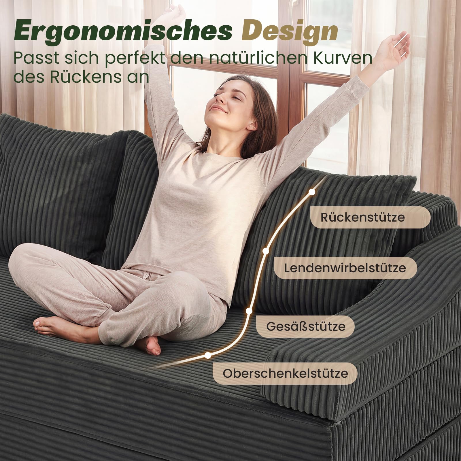 APICIZON Schlafsofa 200cm Breit, Boneless Couch mit Kissen, 3 Sitzer Sofa Bed mit Schlaffunktion, Bodensofa Klappbare Matratze für Wohnzimmer, Schlafzimmer, Gästezimmer (Cord-Dunkelgrau, 200x176cm)