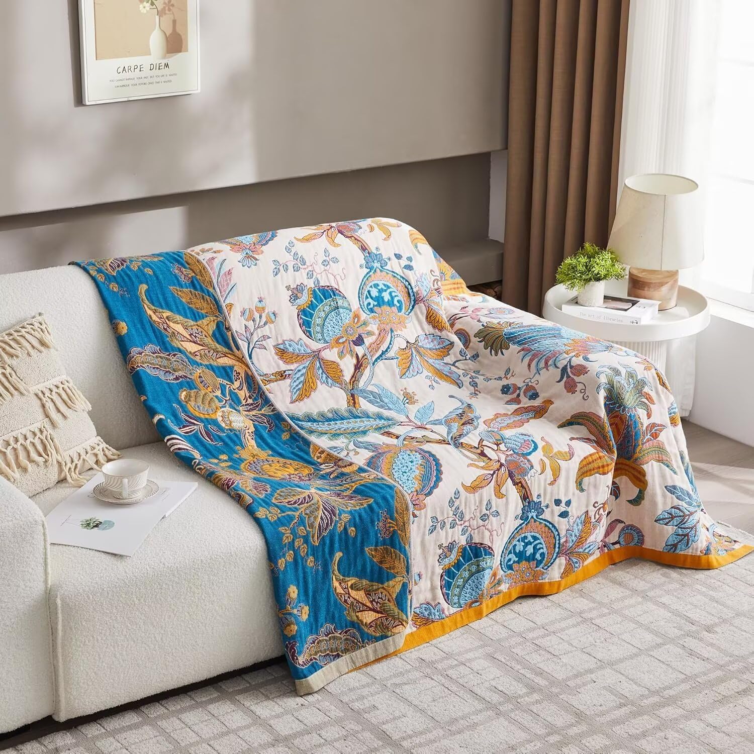 Boho Throw Blanket for Bed 100% Cotton Bohemian Blankets Ultra Soft Woven Muslin Decorative Blankets All Seasons Vintage Quilt Knitted Blanket for Sofa Chair(Beige, 60"x80")