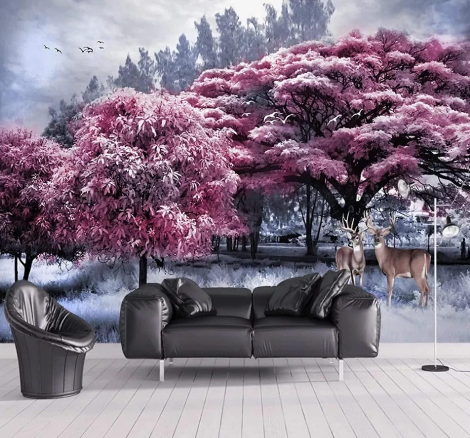 XLMING Pink Forest Reindeer Nature Landscape 3D Wallpaper Luxury Home Dining Decor Paste Sofa Living Room The Wall for Bedroom Mural-400cm×280cm