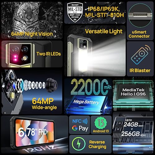 Miniatura 8 de Ulefone Armor 24 teléfonos resistentes, 1000LM luz de campamento IP6869K, 22000mAh (66W), MTK Helio G96 24GB+256GB Android 13, 64MP+64MP cámara de