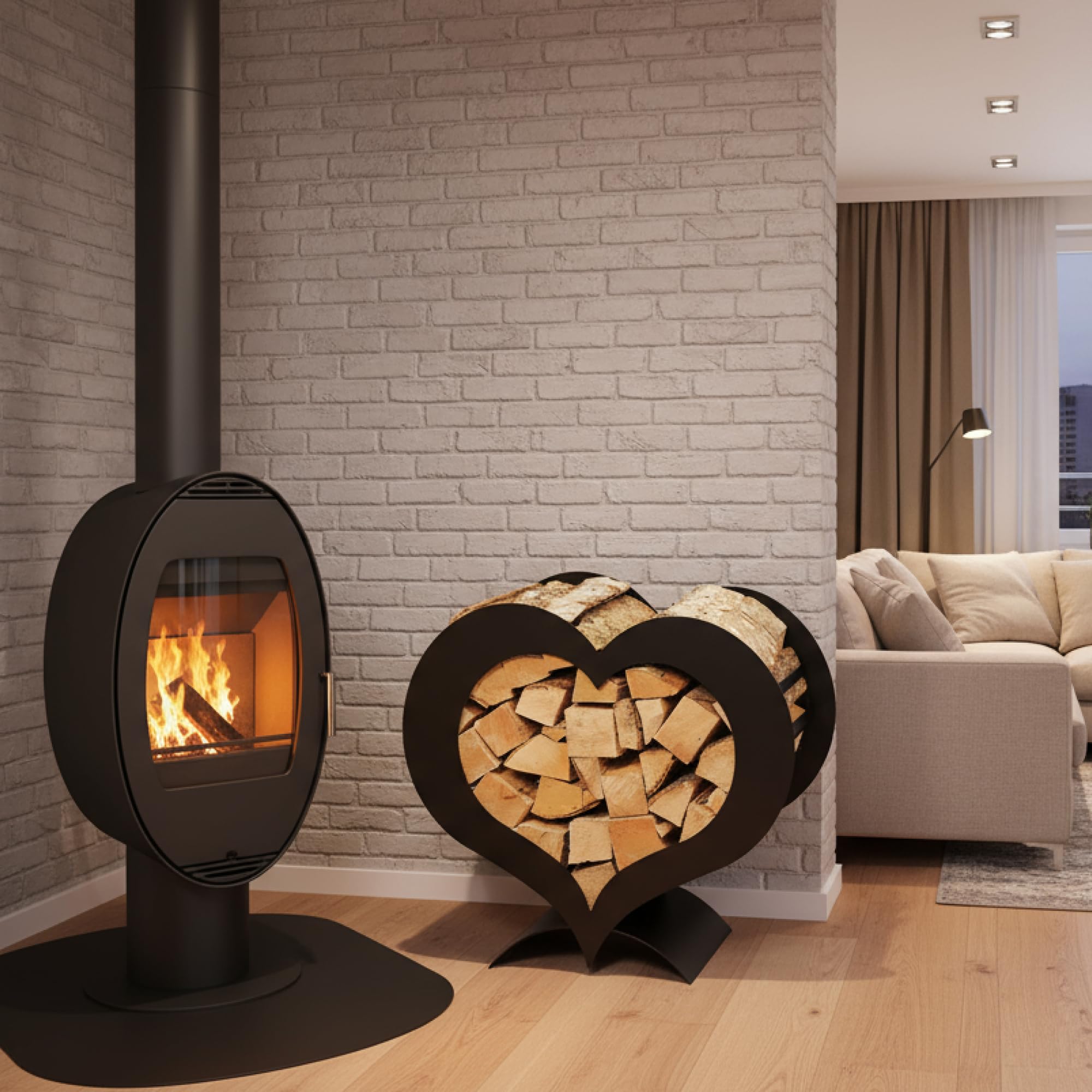Gruber, Herz-Holzständer, schwarz, Dekoratives Kaminholzregal aus pulverbeschichtetem Stahl, stilvolles Brennholzregal für Innen- und Außenbereiche, 36 x 67 x 62 cm, ohne Holz geliefert