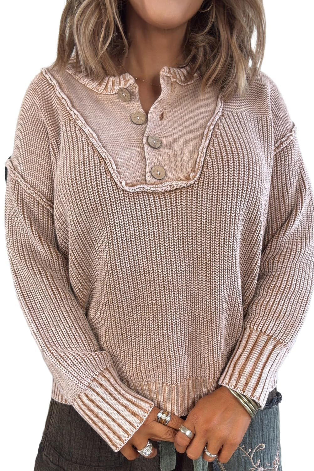Apvirdy Womens Solid Color Mix Texture Patchwork Henley Sweater Long Sleeve Exposed Seam Casual Loose Drop Shoulder Sweaters