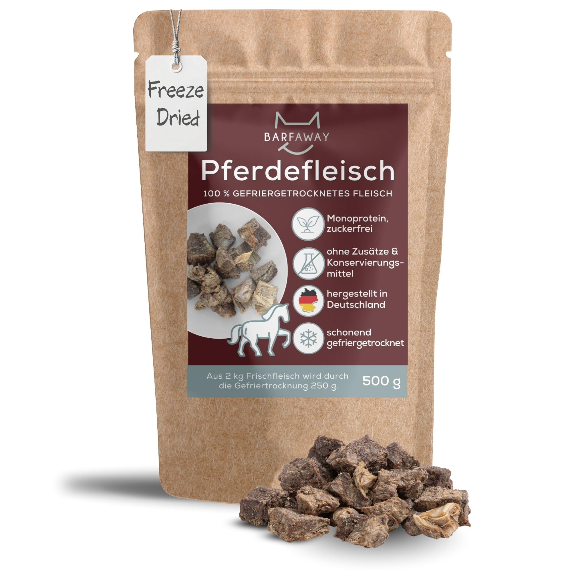 gefriergetrocknetes Pferdefleisch, Premium Muskelfleisch, allergikerfreundlich, gesunde Hundeleckerlies, getreidefrei, zuckerfrei, 100% natürlich ohne Zusätze, Deutsche Herstellung, 500 g