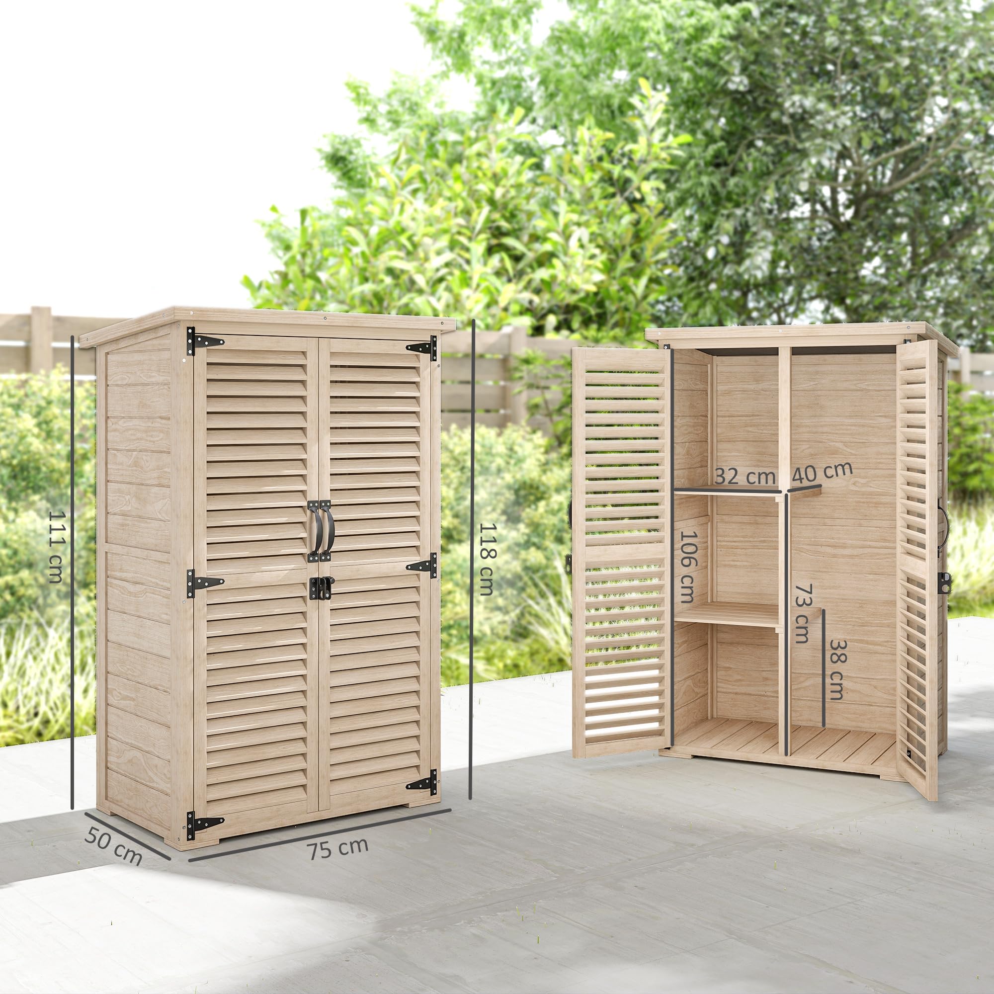 Outsunny Gartenschrank, Schuppen für Werkzeuge aus Holz, 2 Regale, Dach, Bitumendach, abschließbar, 75 x 50 x 118 cm, Natur