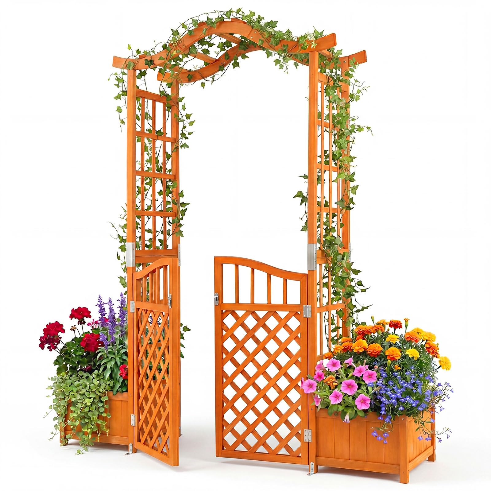 COSTWAY Rosenbogen mit Tür & 2 Blumenkästen, Gartenbogen Holz, Torbogen Garten, Rankbogen mit Pflanzkasten für Kletterpflanzen, Rankhilfe Rankgitter Rundbogen, Tannenholz, 185 x 46 x 210 cm, Natur