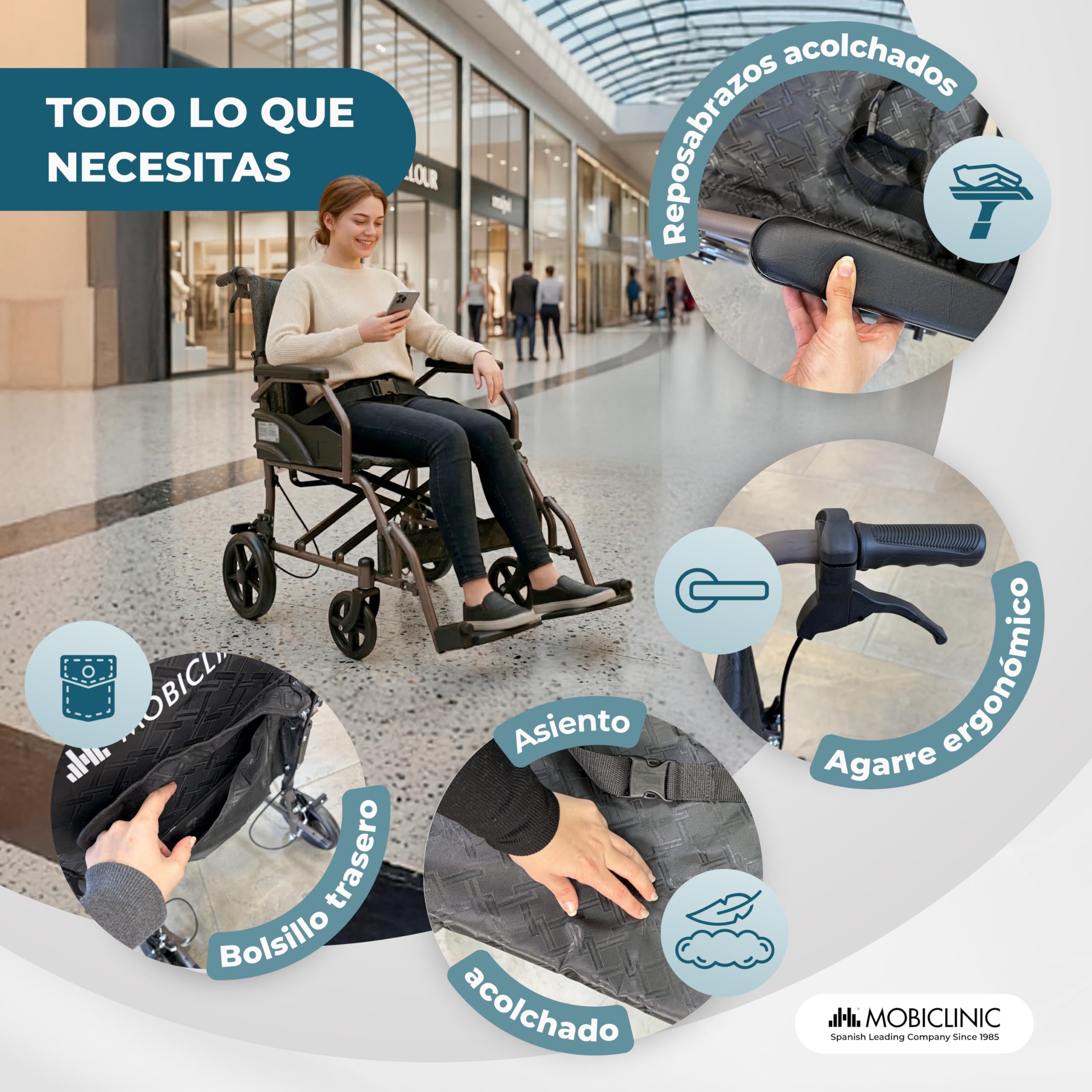Mobiclinic®, Silla de Ruedas Plegable, de Tránsito, Respaldo y Reposapiés Abatibles, Doble Sistema de Frenado, Reposabrazos Acolchados, Acero, Ligera y Compacta, Kefren