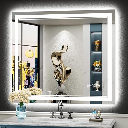 Espejo de baño LED de 40 x 36 pulgadas con luces, retroiluminado + frontal iluminado, espejo de tocador con luz antiniebla para pared de baño,