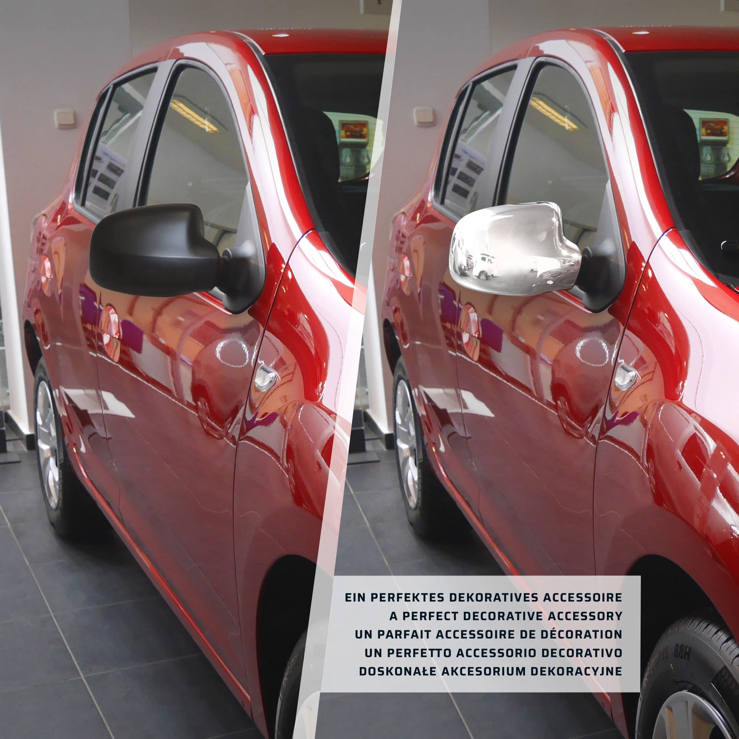 CHROMEMASTER | Nakładki na Lusterka Zewnętrzne | Kompatybilne z Dacia Sandero M0 Hatchback, 5 Drzwi 2012-2020 | Inox/Chrom; Osłony Lusterek to Niepowtarzalny Wygląd Auta i Ochrona Przed Uszkodzeniem