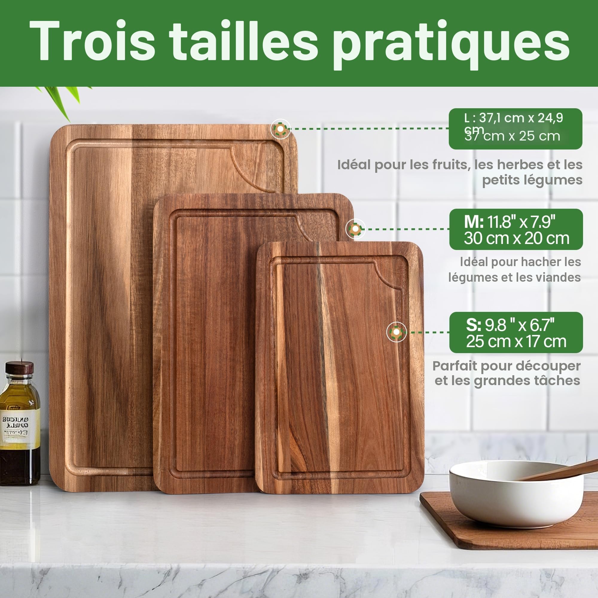 Set de 3 Planches à Découper en Bois d'Acacia avec Rainure pour Jus, Support et Couteau à Fruits Offerts, Planche à Découper Double Face pour Viande, Légumes et Fromage.