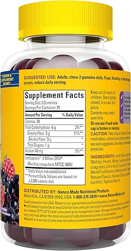 Miniatura 9 de Nature Made Gomitas de fibra probiótica + prebiótica para la salud intestinal diaria, suplemento de apoyo digestivo con probióticos y fibra, 50