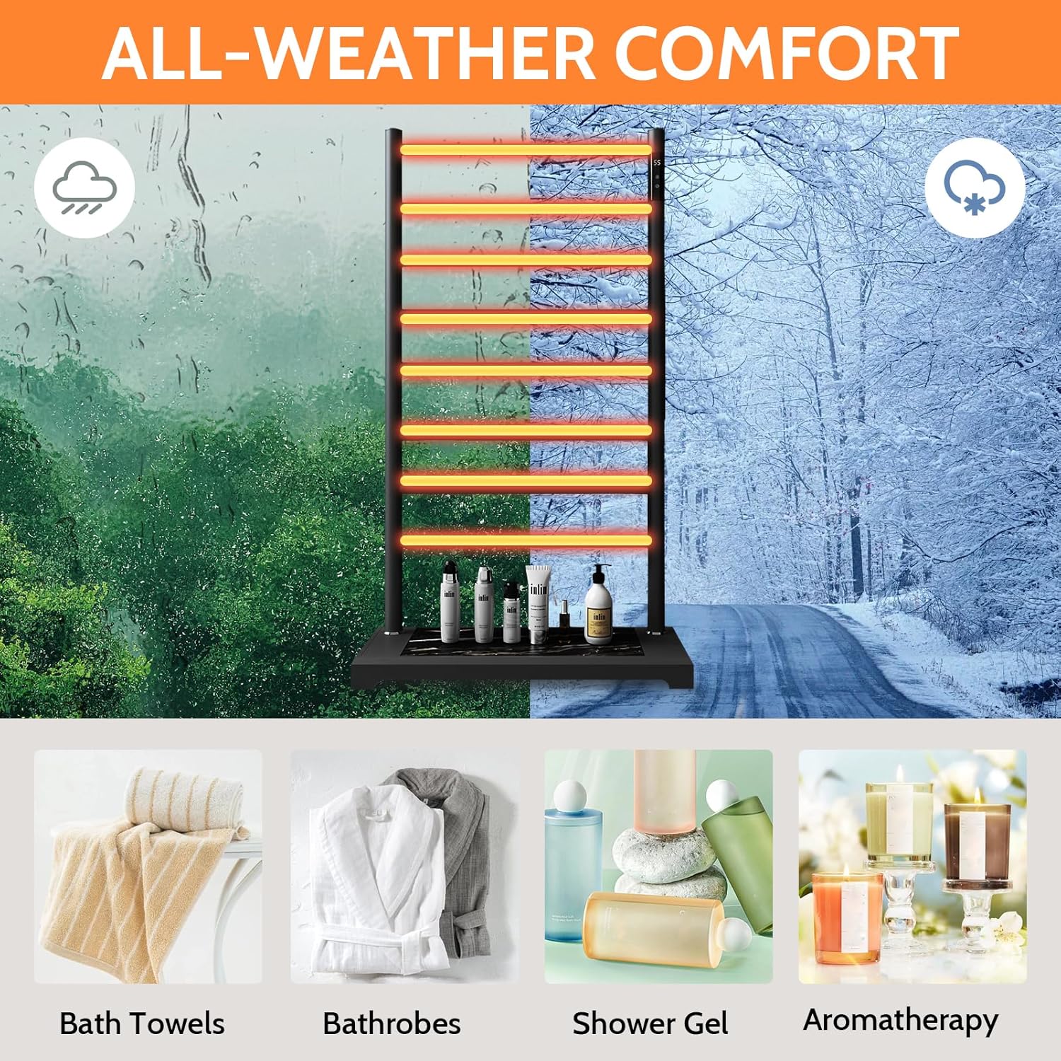 Heated Towel Racks for Bathroom,Smart 8-Bar Towel Warmer with Digital Touchscreen- Marble Base, Adjustable 115-155°F & 1-8H Timer, Freestanding Bathroom Heater for Spa Luxury,Black