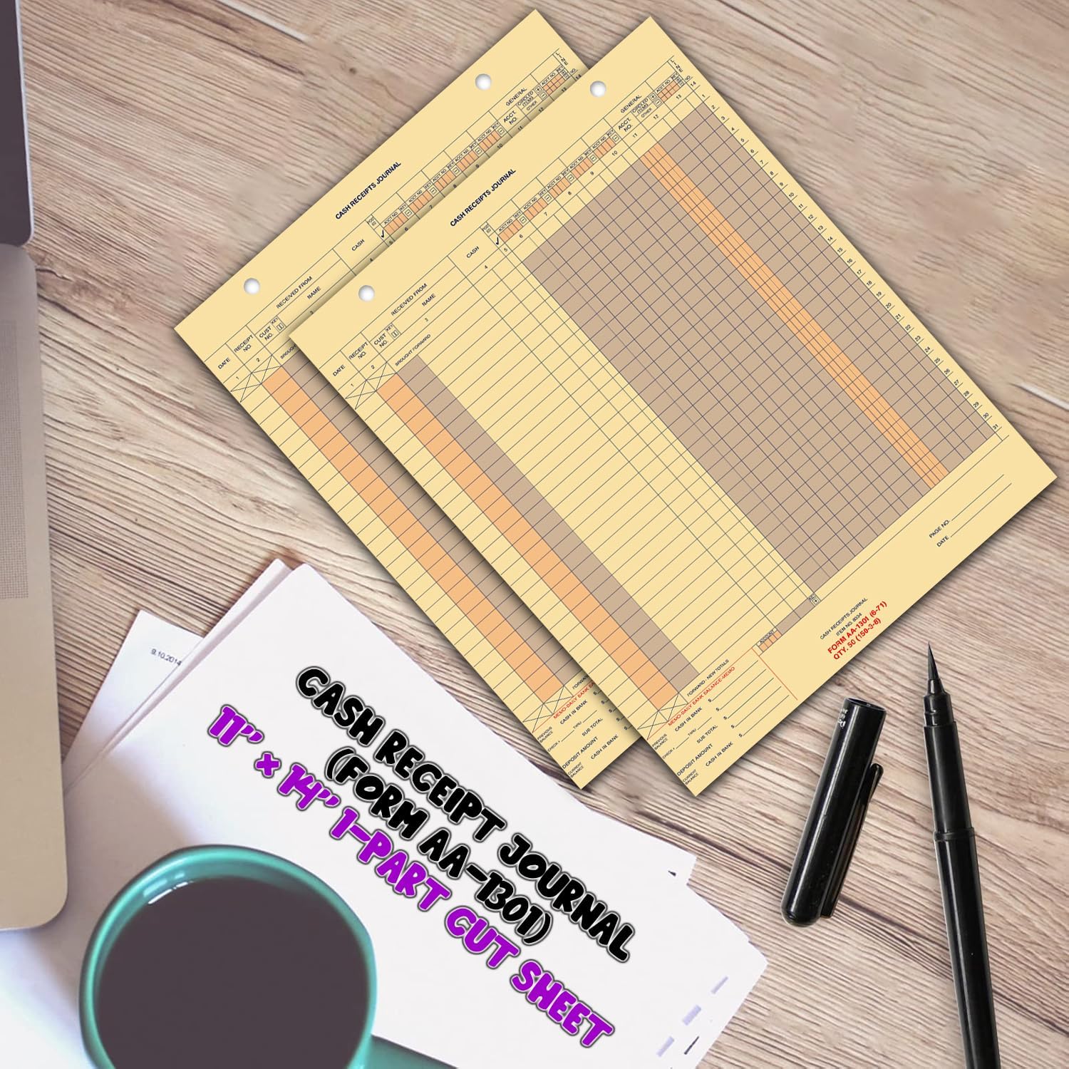 Cash Receipt Journal (Form AA-1301) - 11" × 14" 1-Part Cut Sheet with 2 File Holes - Accounting Ledger, Business Cash Record, and Bookkeeping Journal - Pack of 100
