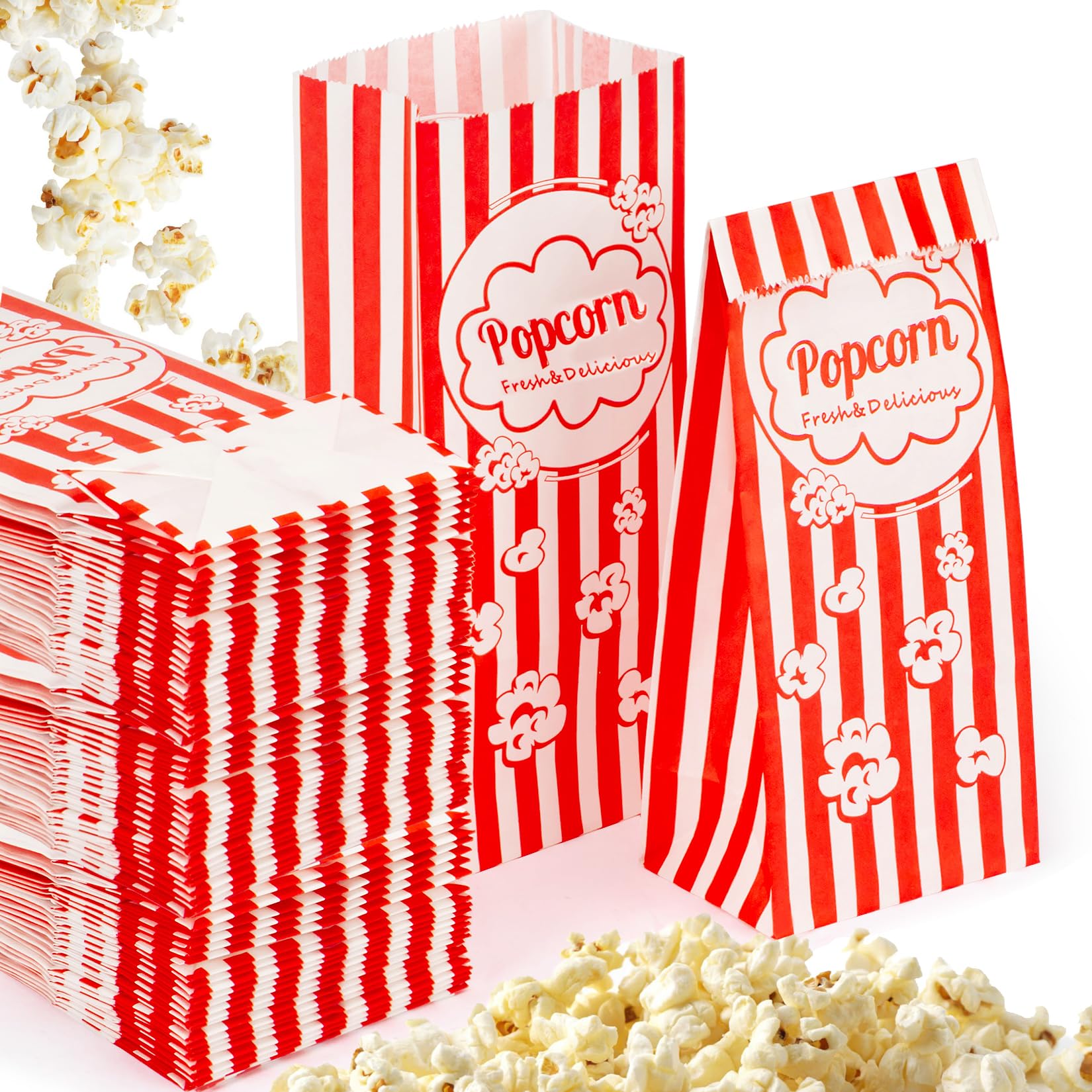 MAQIHAN 100 Popcorn Bags Flat Bottom - Small Disposable Paper Bag for Popcorn, Popped Kernels Container, Movie Night Supplies for Halloween Christmas, Carnival Games Party, Popcorn Machine Accessories