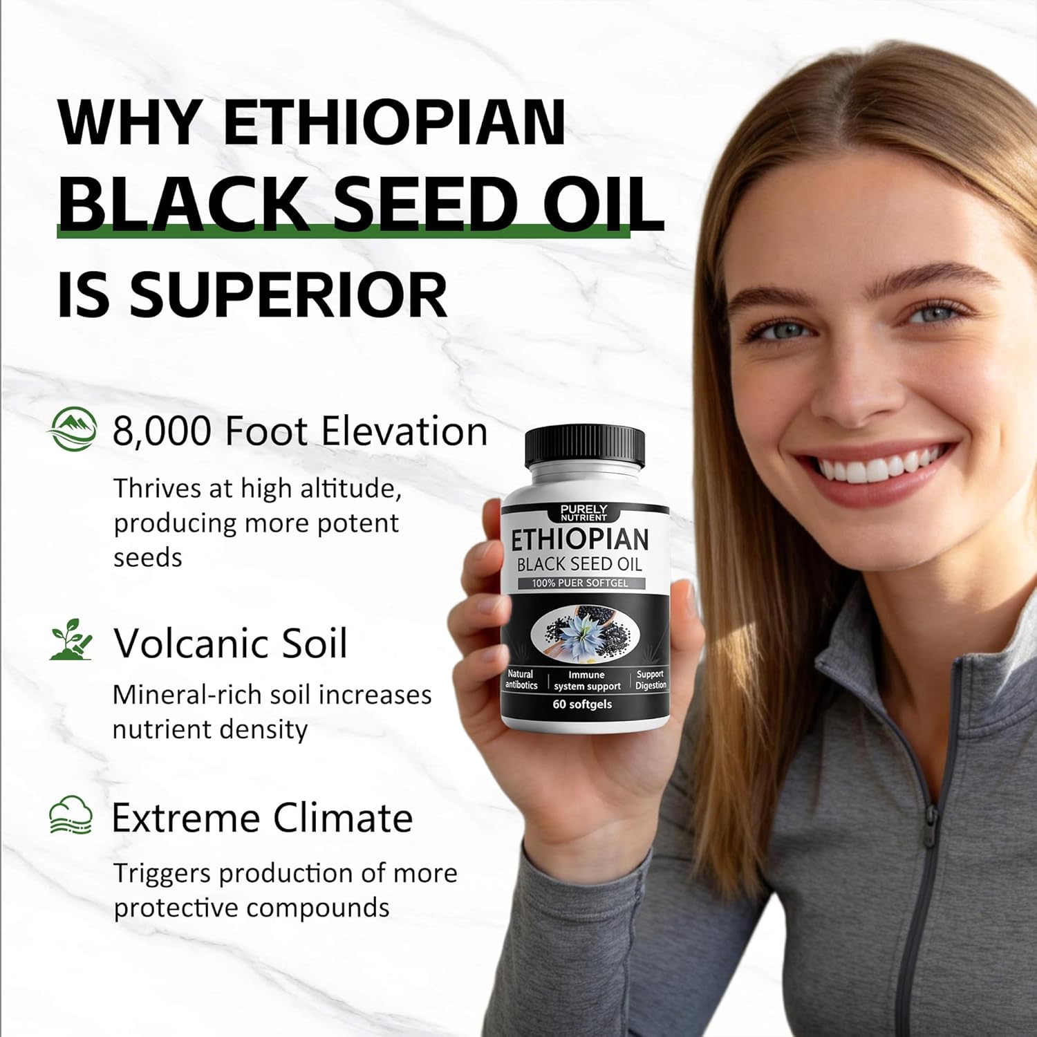 Purely Nutrient Ethiopian Black Seed Oil, Purely Nutrient Organic Cold Pressed Black Cumin Seed Oil Softgels, Non-GMO, Gluten-Free, 60 Softgels