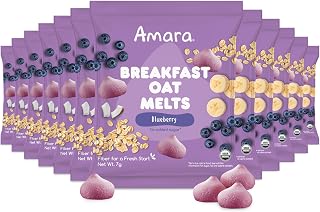 Amara Breakfast Oat Melts - Organic Toddler Snack - Single Serve Fiber-Packed Oat Bites with Real Fruit, No Added Sugar, Quick Dissolving, Blueberry - 12 Pack