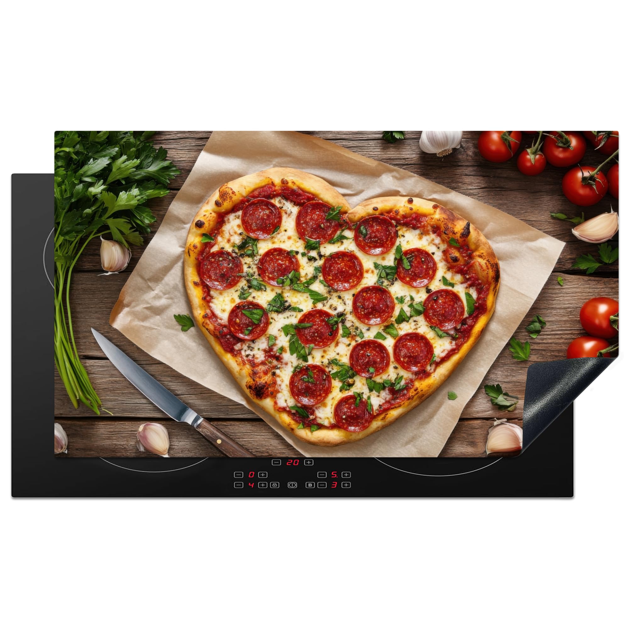 KitchenYeah© Induction Hob Cover Protector Mat 20.8"x36" / 91.6x52.7 cm Kitchen Universal Ceramic Covers for Electric Cookers Vinyl Pizza - Heart - Pepperoni - Tomato