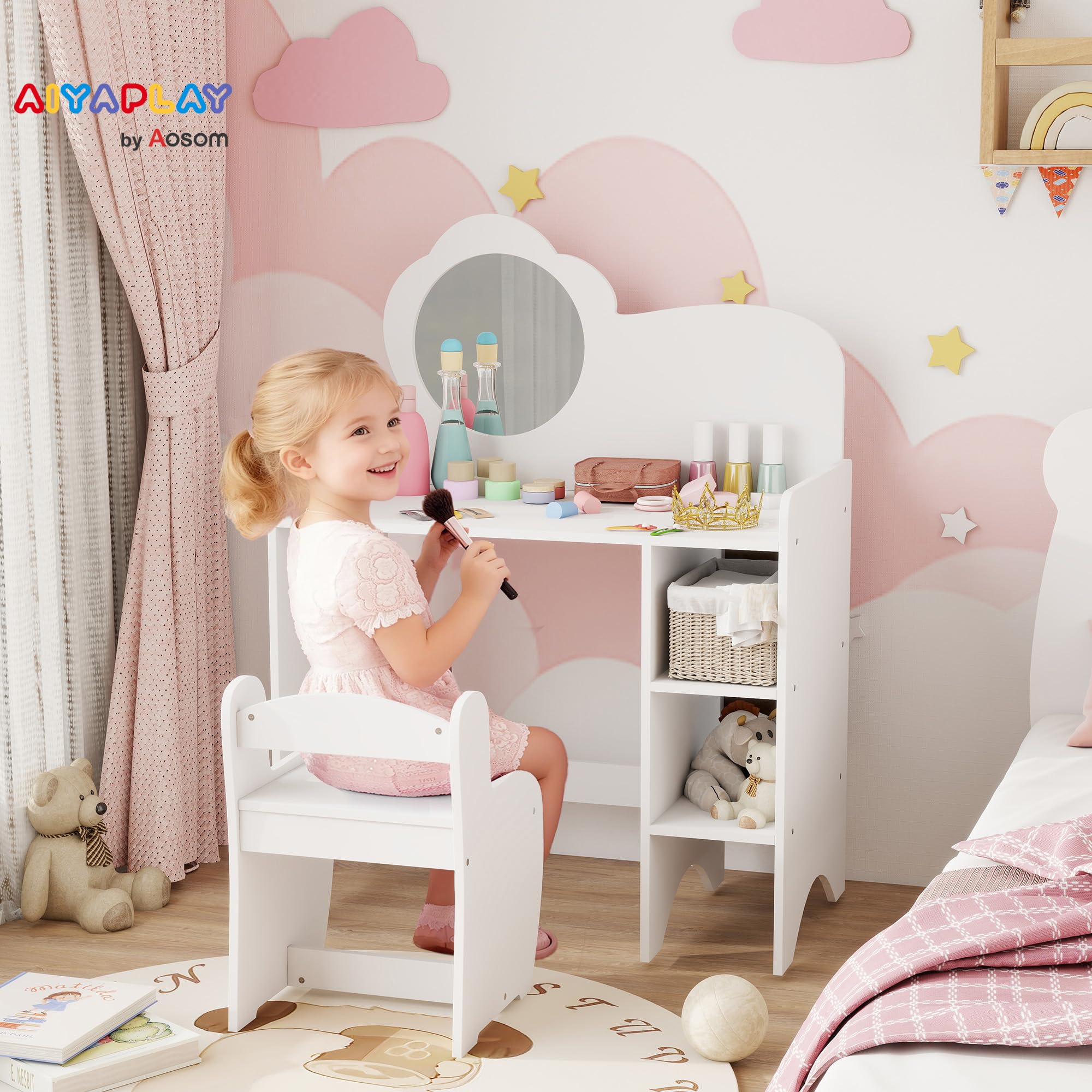 AIYAPLAY Tocador de Maquillaje Niña, 2 en 1, Escritorio, Tocador Infantil con Taburete, Espejo en Forma de Flor, Estantes Abiertos, para Niños +3 Años, Blanco