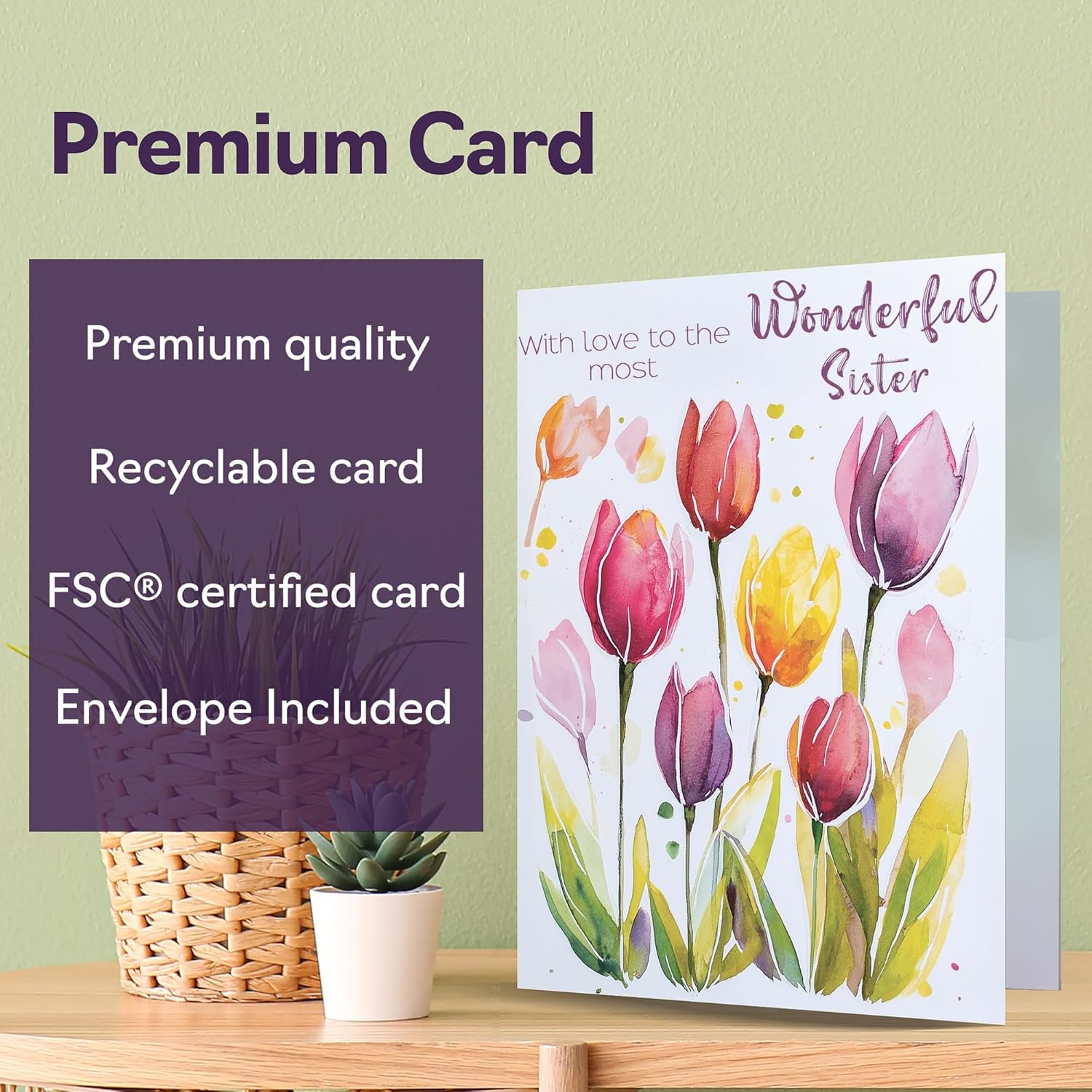 Sister Birthday Card - Watercolour Tulips Flowers - Happy Birthday Card for Sister from Brother Sister, A5 Female Floral Bday Greeting Cards