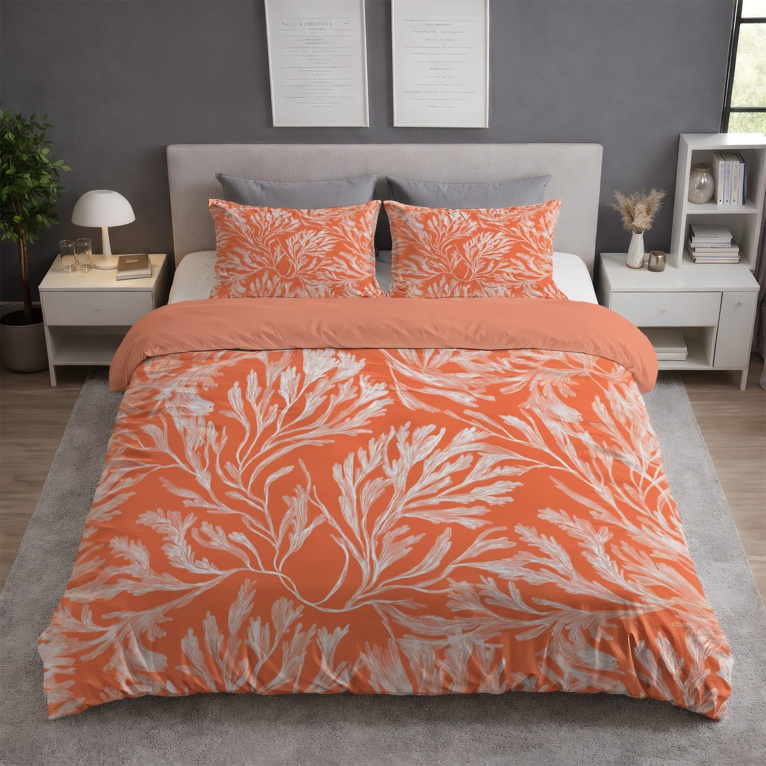 Generic Minimalistyczny zestaw poszewek na kołdrę 229 x 221 cm, elegancka, luksusowa, koralowa, z 2 poszewkami na poduszki, dwustronny design, pomarańczowo-biała, miękka poszewka na kołdrę z