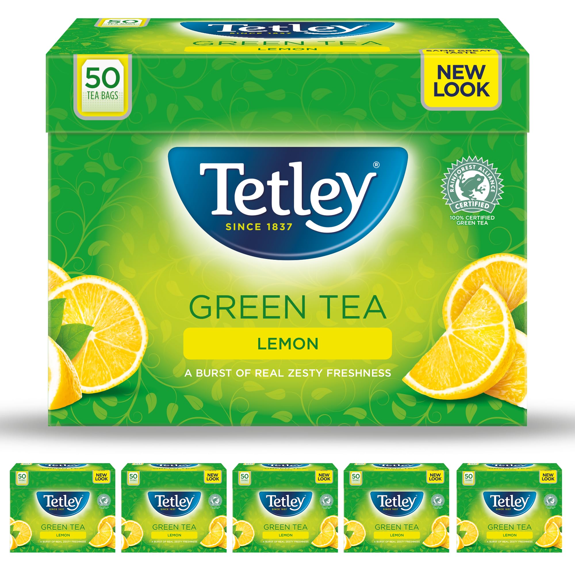 Tetley Lemon Green Tea Bags - Refreshing & Healthy Citrus Blend - Rainforest Alliance Certified - Plant Based Tea Bags - Perfect for a Relaxing Moment - 300 Teabags (6x50)