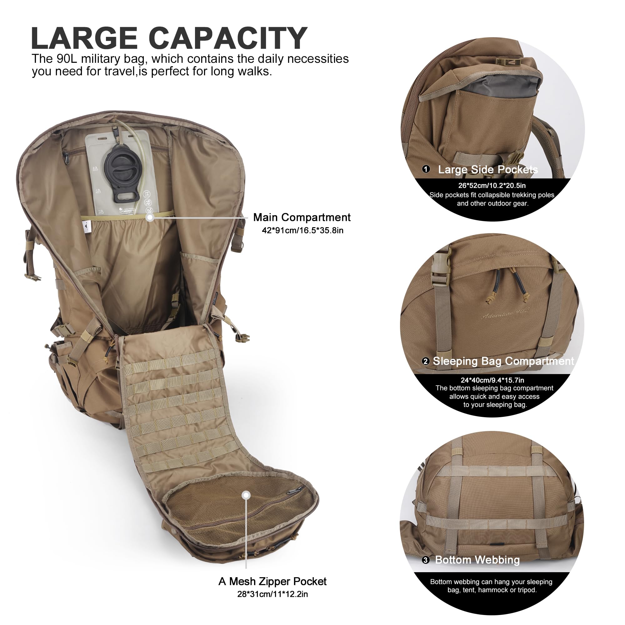 Mardingtop 90 l duży plecak męski plecak trekkingowy z systemem Molle, 90L khaki, L, Taktyczne